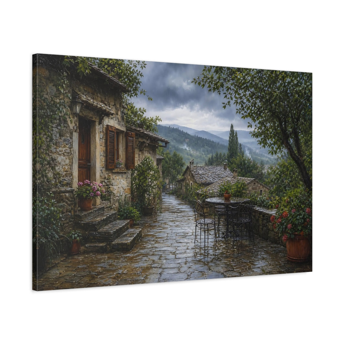Main Mockup. Vintage Stone Village Rainy Village shown as stretched canvas wall art