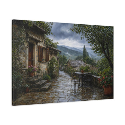 Main Mockup. Vintage Stone Village Rainy Village shown as stretched canvas wall art