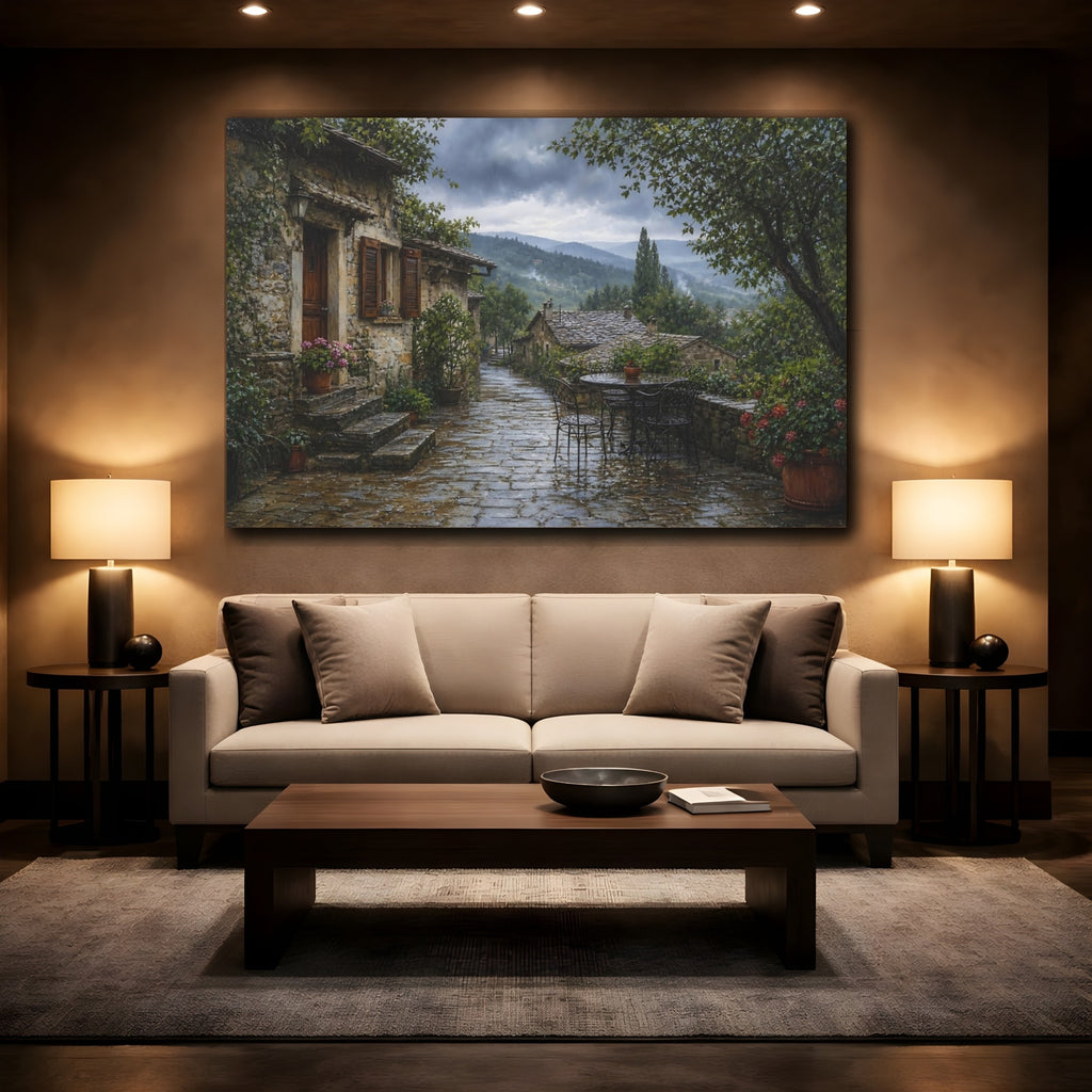 Mockup 2. Vintage Stone Village Rainy Village shown as stretched canvas wall art