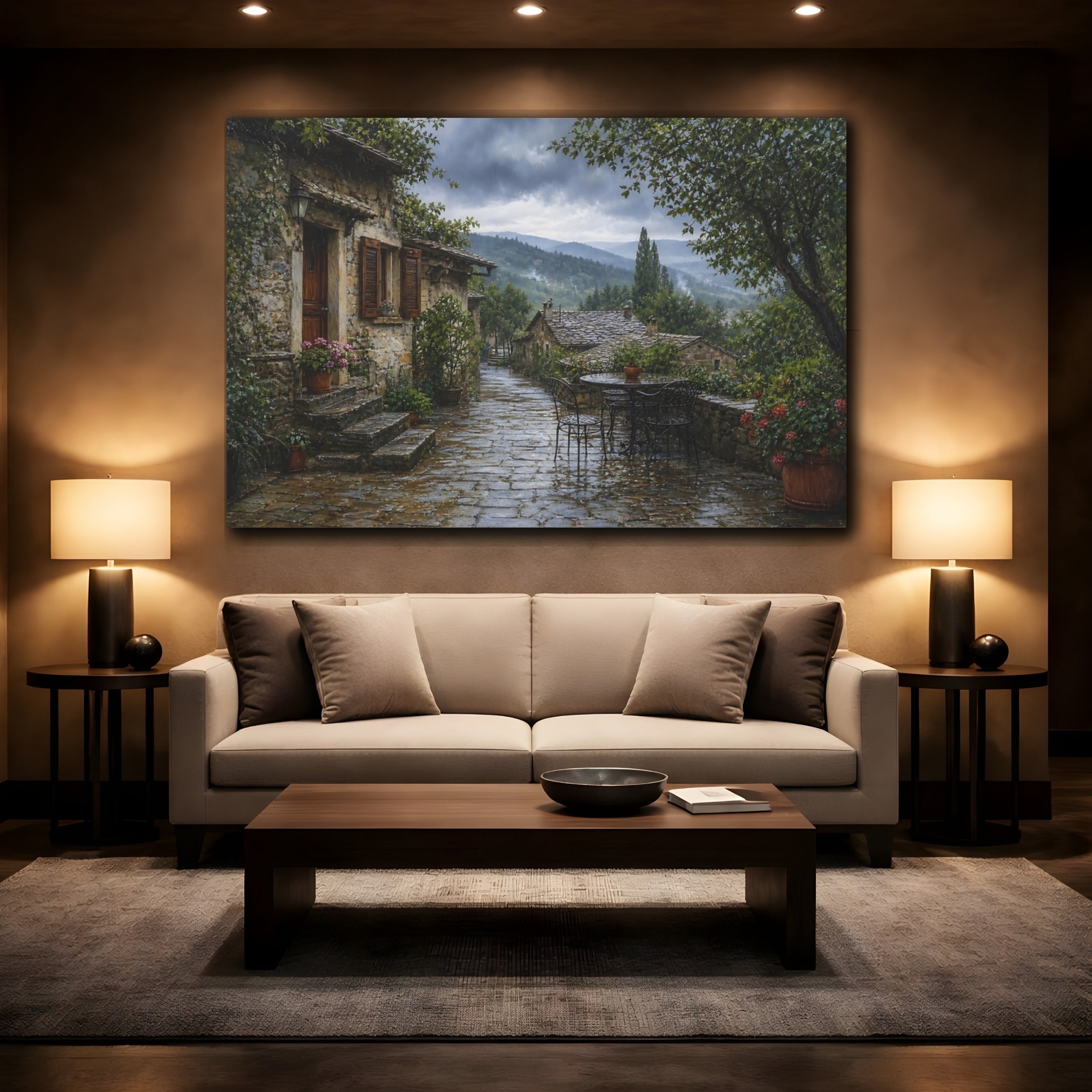 Mockup 2. Vintage Stone Village Rainy Village shown as stretched canvas wall art