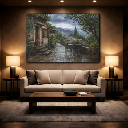 Mockup 2. Vintage Stone Village Rainy Village shown as stretched canvas wall art
