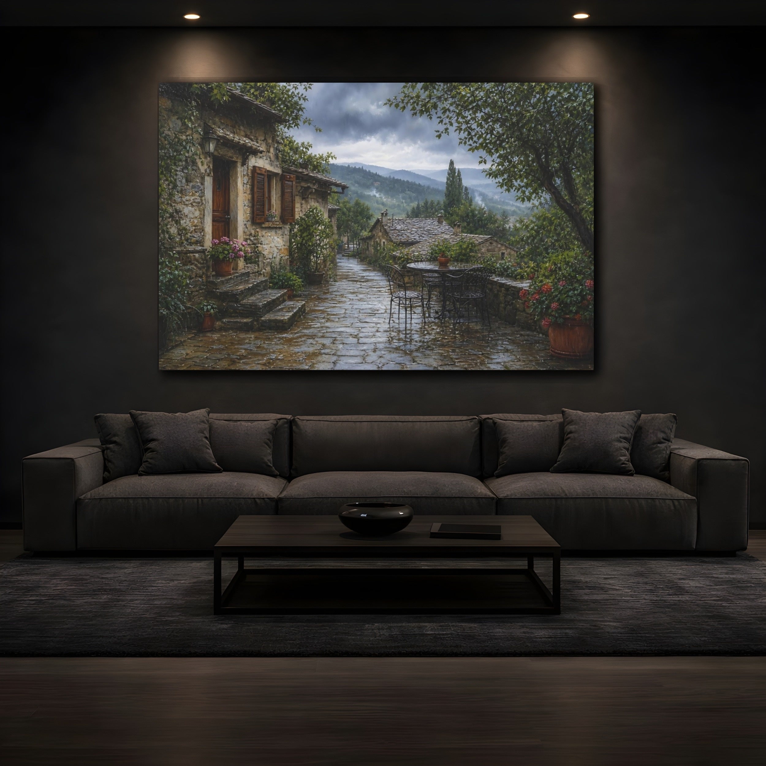 Mockup 3. Vintage Stone Village Rainy Village shown as stretched canvas wall art