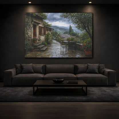 Mockup 3. Vintage Stone Village Rainy Village shown as stretched canvas wall art