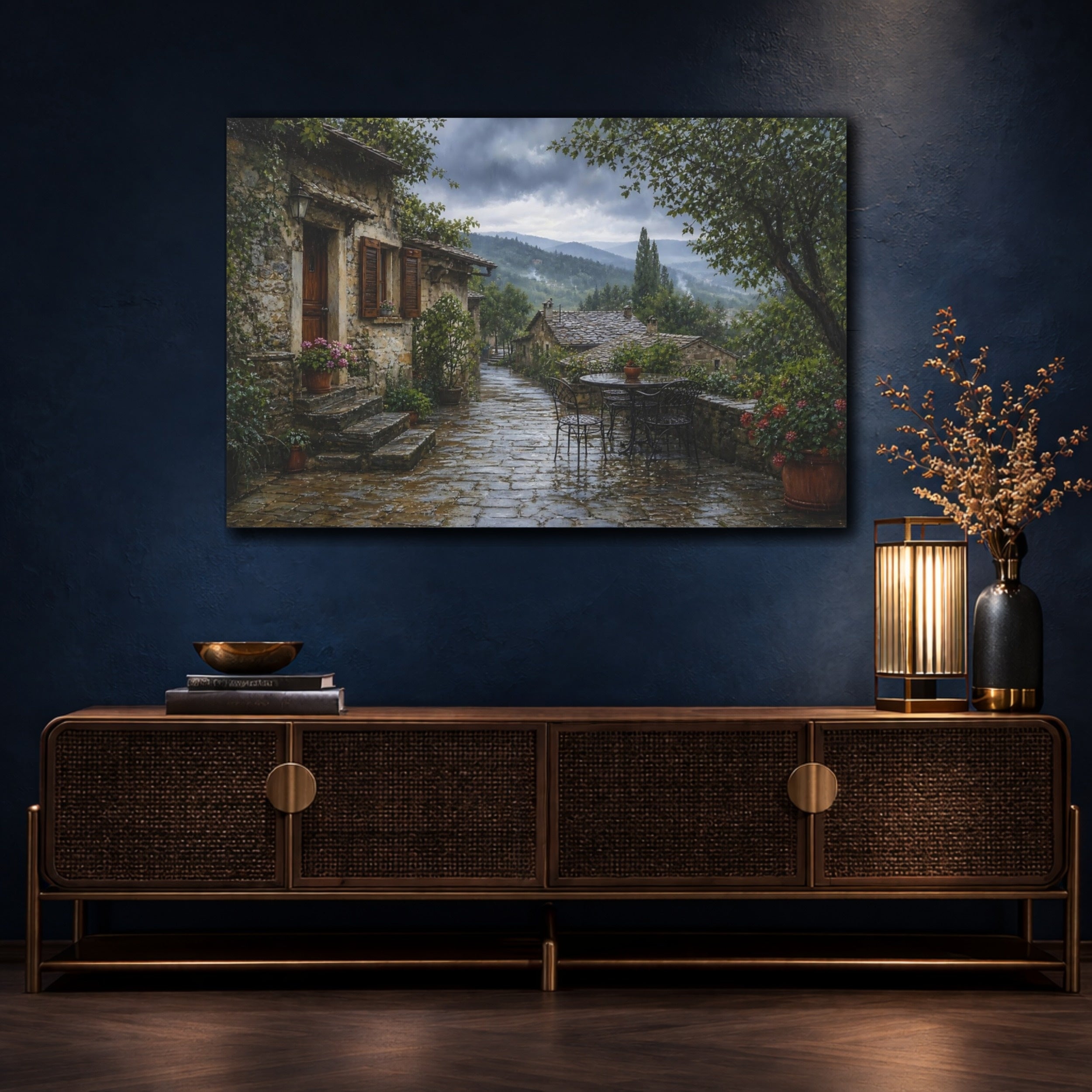 Mockup 4. Vintage Stone Village Rainy Village shown as stretched canvas wall art