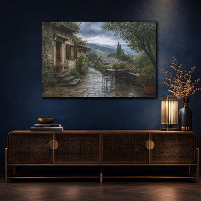Mockup 4. Vintage Stone Village Rainy Village shown as stretched canvas wall art
