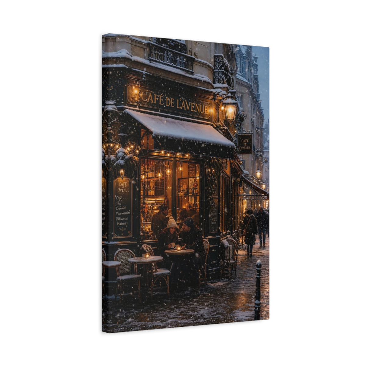 Side Mockup 3. Vintage Street Cafe Winter Cityscape shown as stretched canvas wall art
