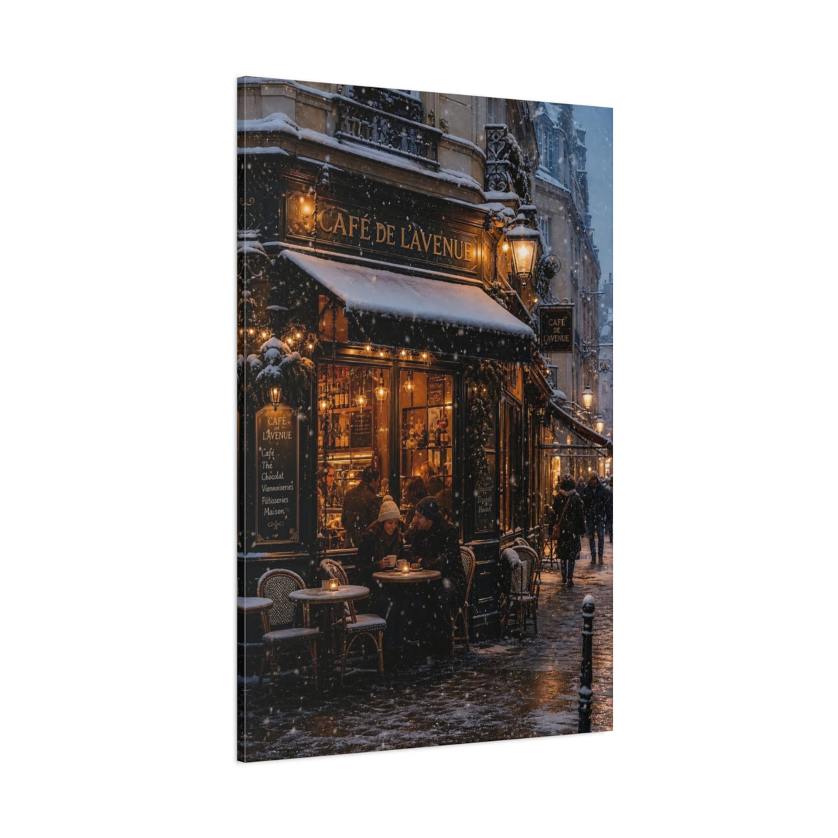 Side Mockup 1. Vintage Street Cafe Winter Cityscape shown as stretched canvas wall art