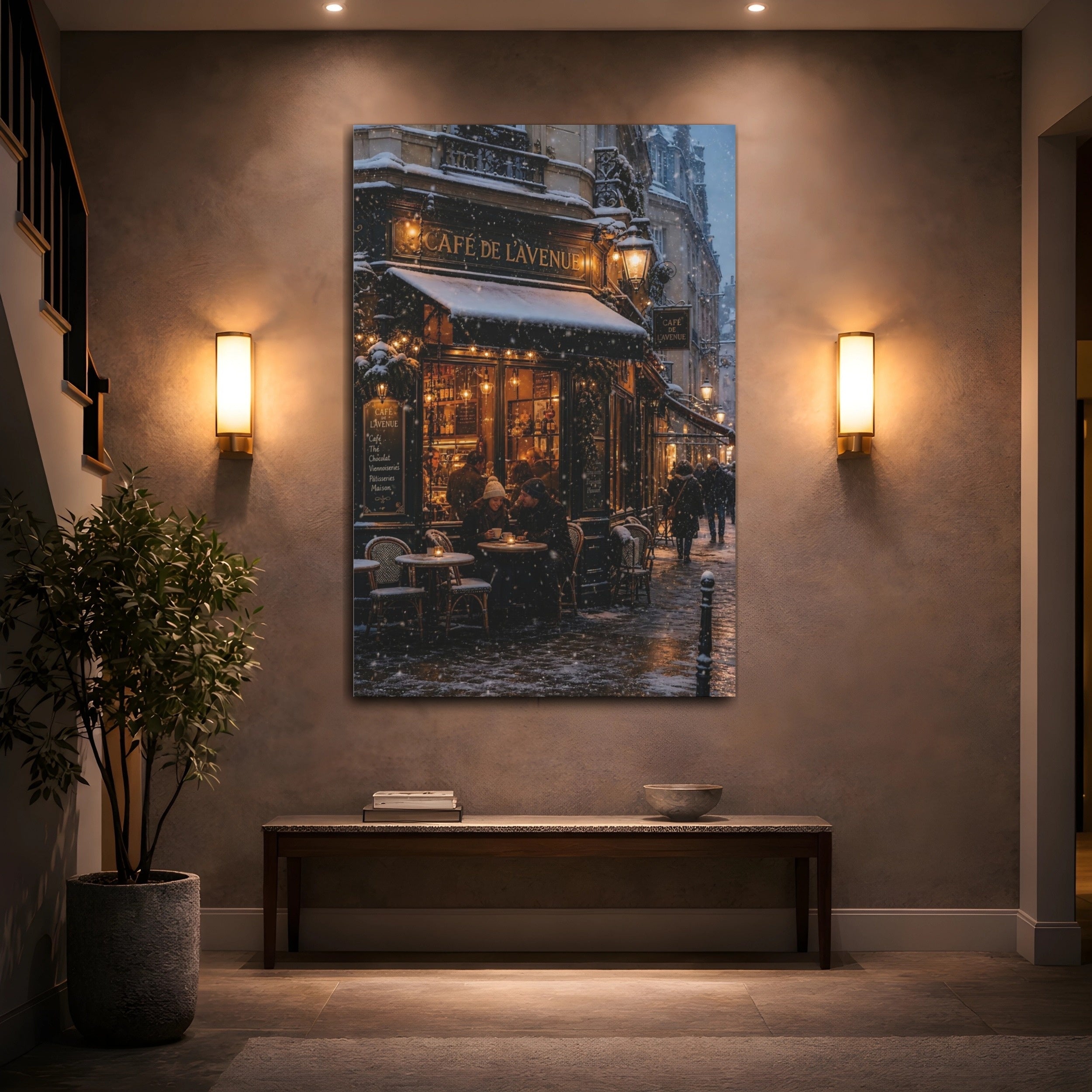 Mockup 2. Vintage Street Cafe Winter Cityscape shown as stretched canvas wall art