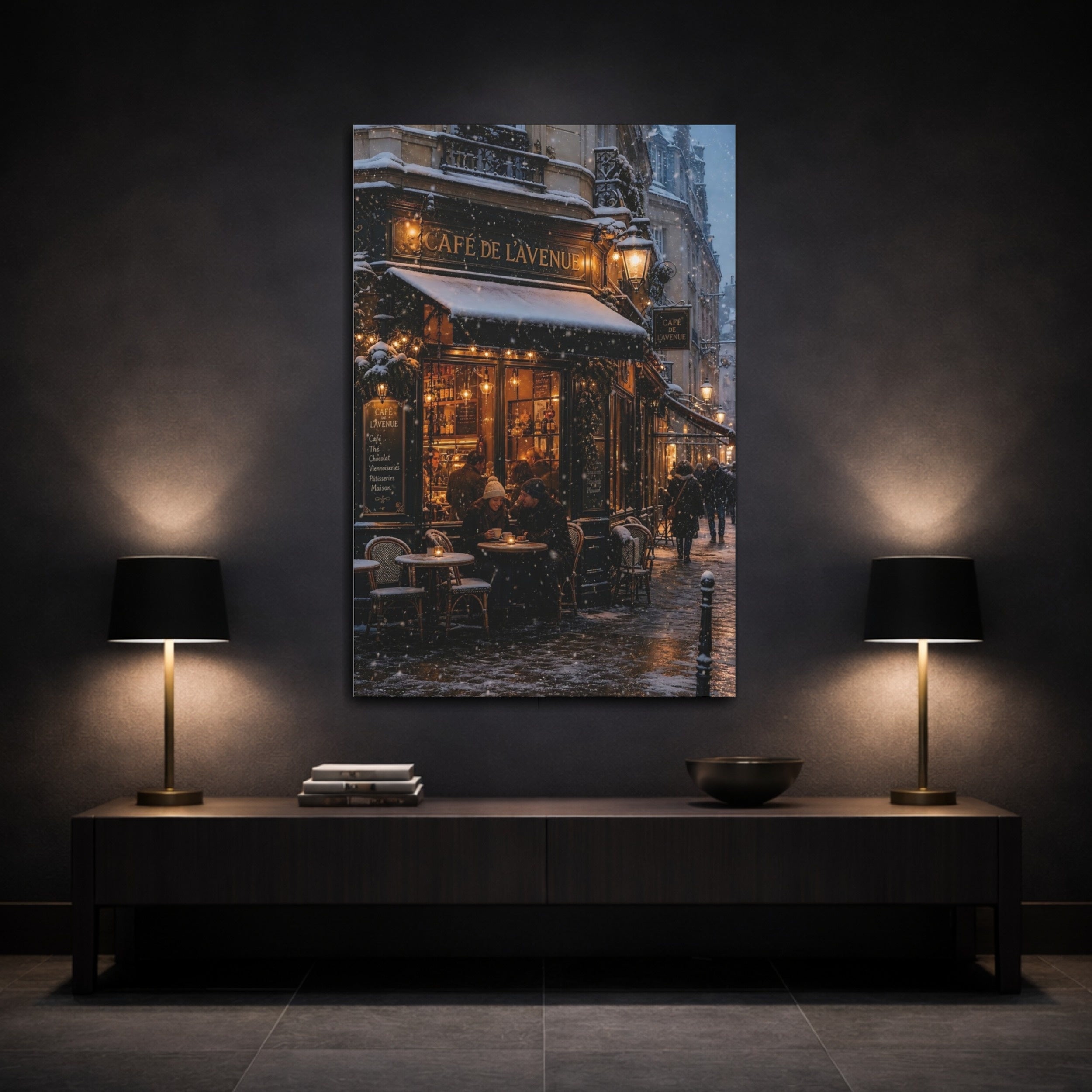 Mockup 3. Vintage Street Cafe Winter Cityscape shown as stretched canvas wall art