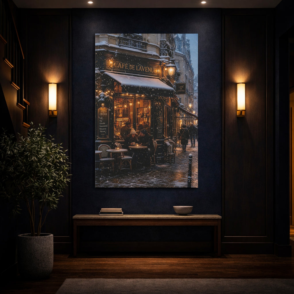 Mockup 4. Vintage Street Cafe Winter Cityscape shown as stretched canvas wall art