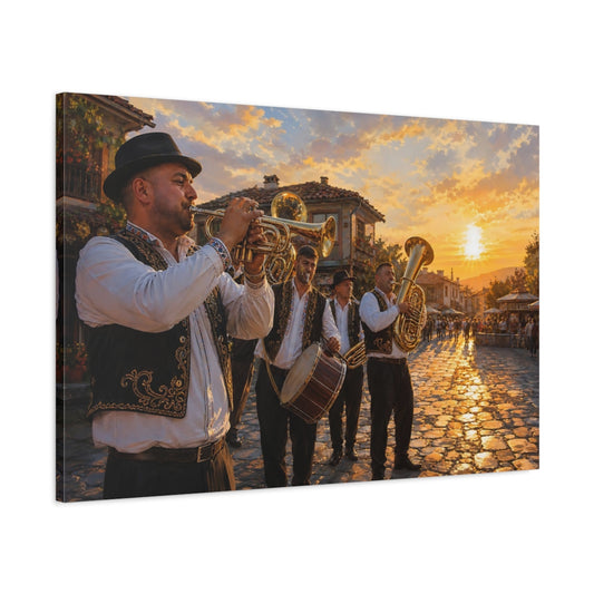 Main Mockup. Vintage Street Musicians Sunset Orange shown as canvas print