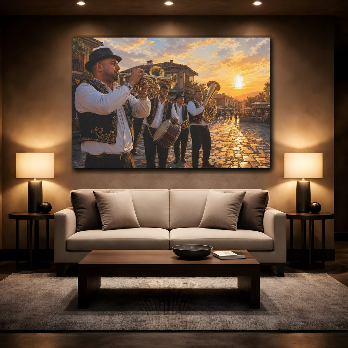Mockup 2. Vintage Street Musicians Sunset Orange shown as canvas print