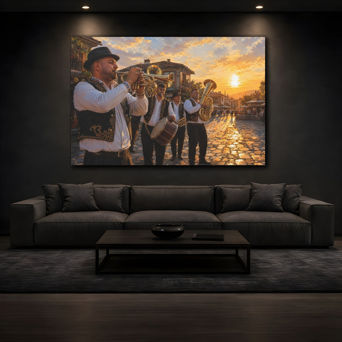 Mockup 3. Vintage Street Musicians Sunset Orange shown as canvas print