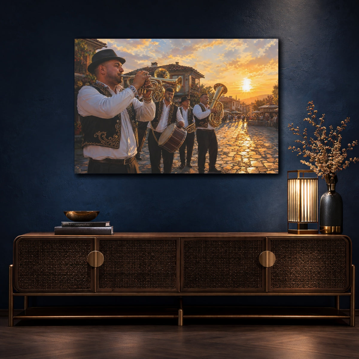 Mockup 4. Vintage Street Musicians Sunset Orange shown as canvas print
