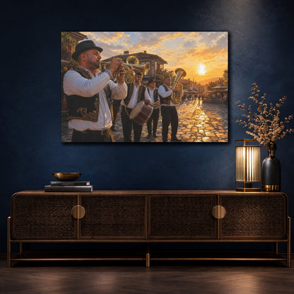 Mockup 4. Vintage Street Musicians Sunset Orange shown as canvas print