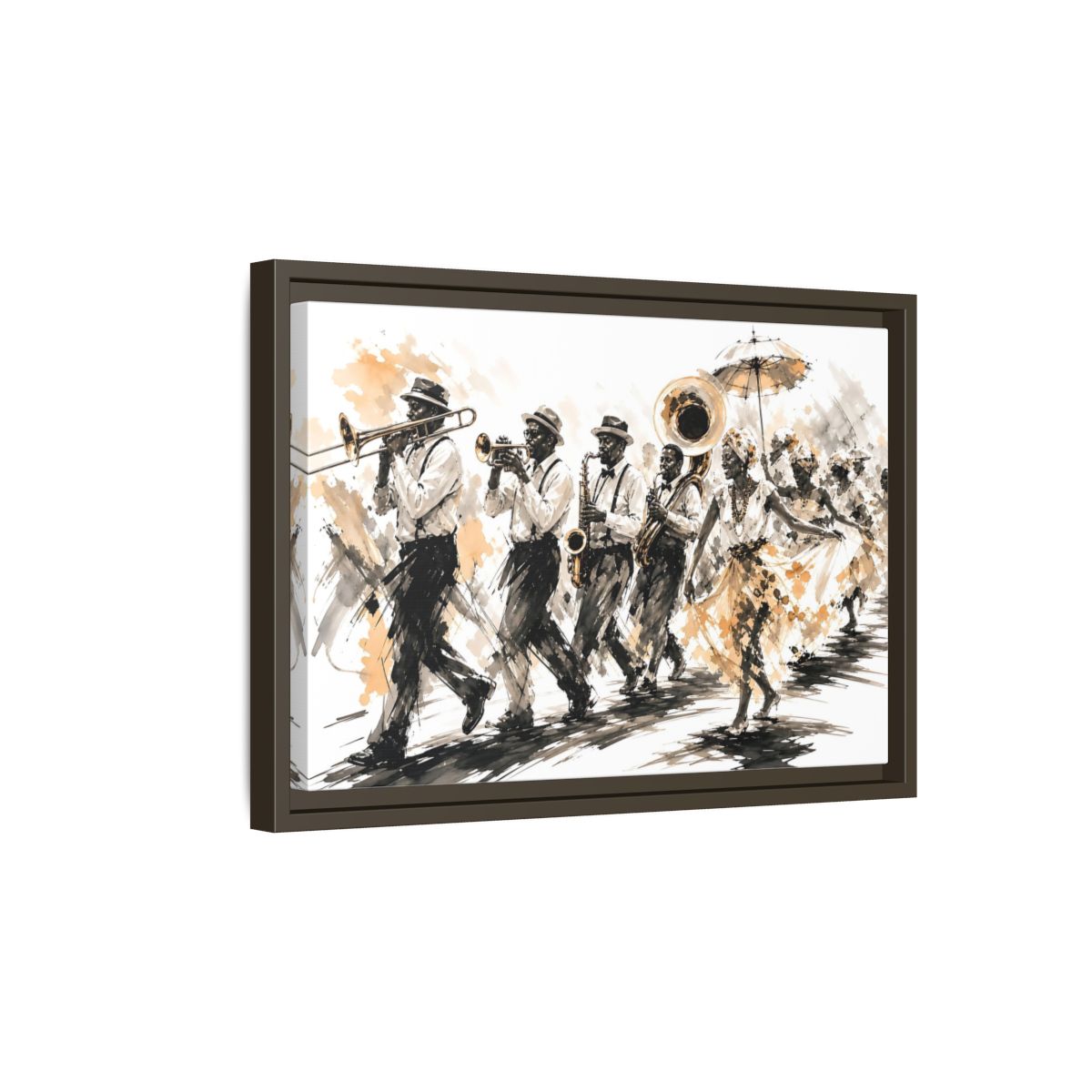 Side Mockup 5. Vintage Street Parade Brown And Black shown as framed canvas print