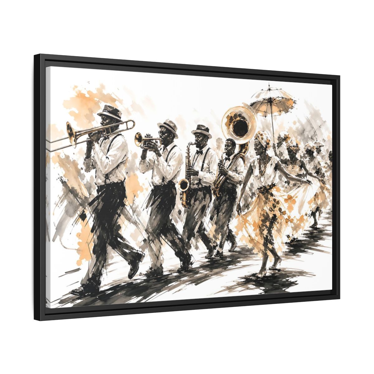 Side Mockup 14. Vintage Street Parade Brown And Black shown as framed canvas print