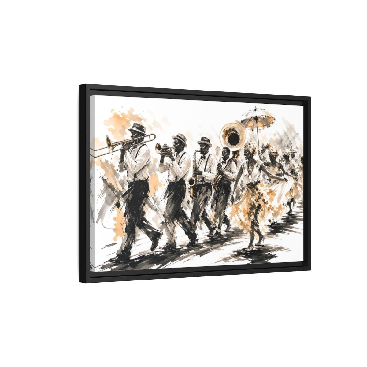 Side Mockup 3. Vintage Street Parade Brown And Black shown as framed canvas print