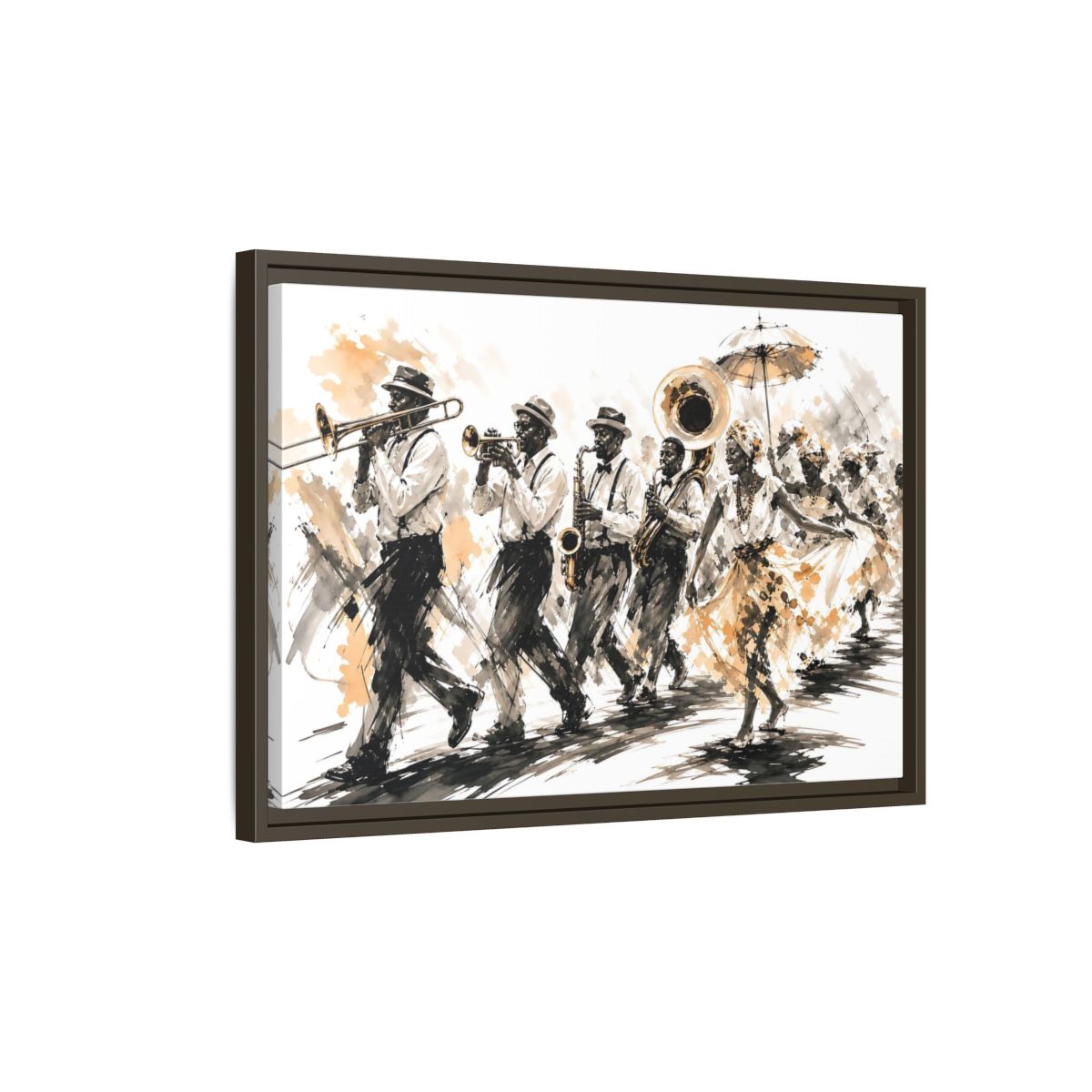 Side Mockup 2. Vintage Street Parade Brown And Black shown as framed canvas print