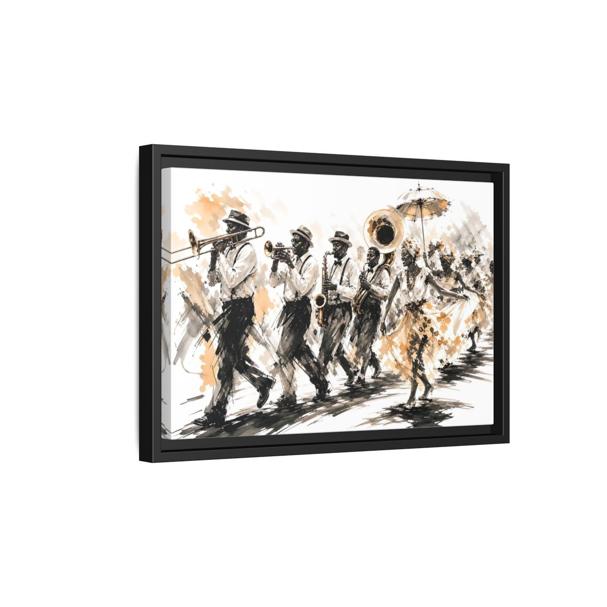 Side Mockup 6. Vintage Street Parade Brown And Black shown as framed canvas print