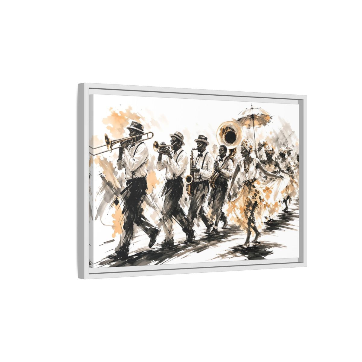 Side Mockup 1. Vintage Street Parade Brown And Black shown as framed canvas print