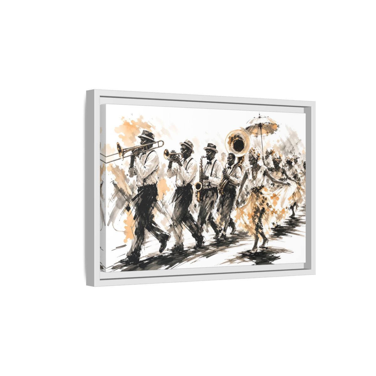 Side Mockup 4. Vintage Street Parade Brown And Black shown as framed canvas print