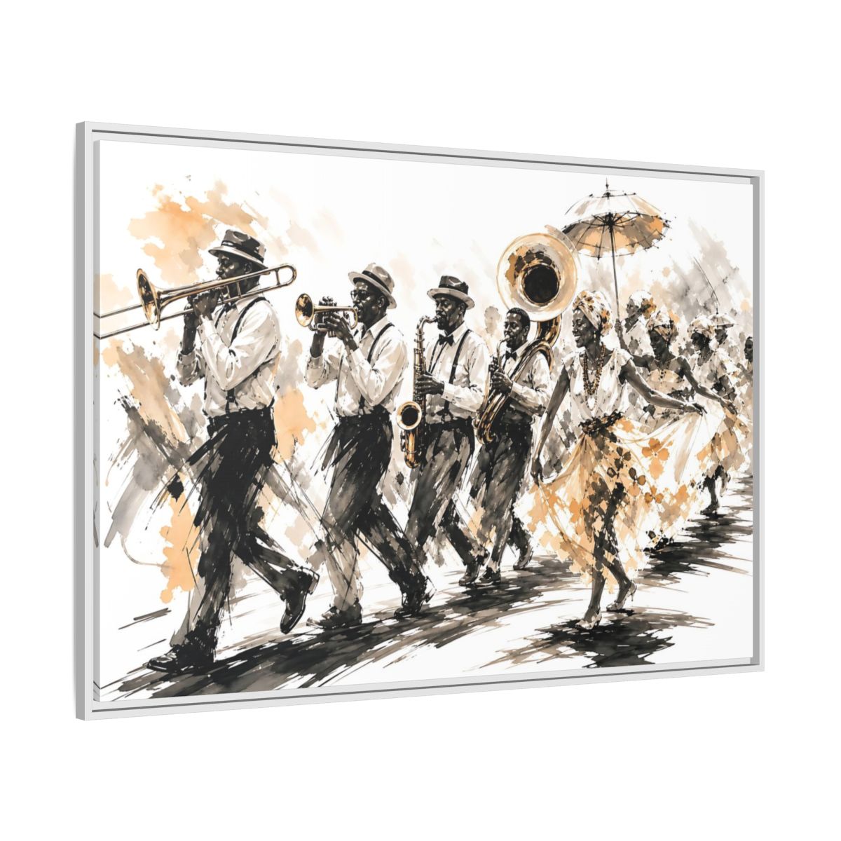 Side Mockup 7. Vintage Street Parade Brown And Black shown as framed canvas print