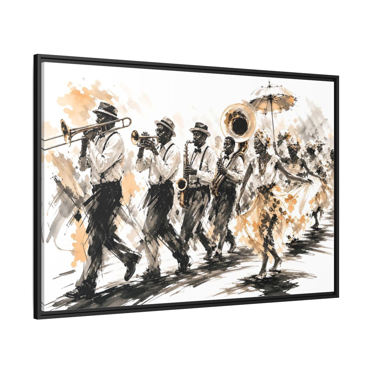 Side Mockup 12. Vintage Street Parade Brown And Black shown as framed canvas print