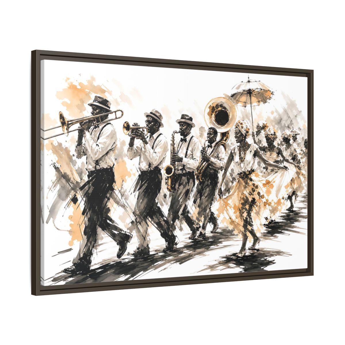 Main Mockup. Vintage Street Parade Brown And Black shown as framed canvas print