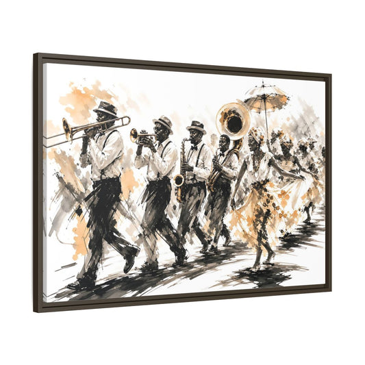 Main Mockup. Vintage Street Parade Brown And Black shown as framed canvas print