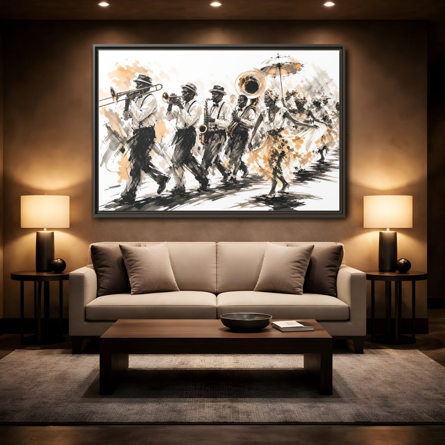 Mockup 2. Vintage Street Parade Brown And Black shown as framed canvas print