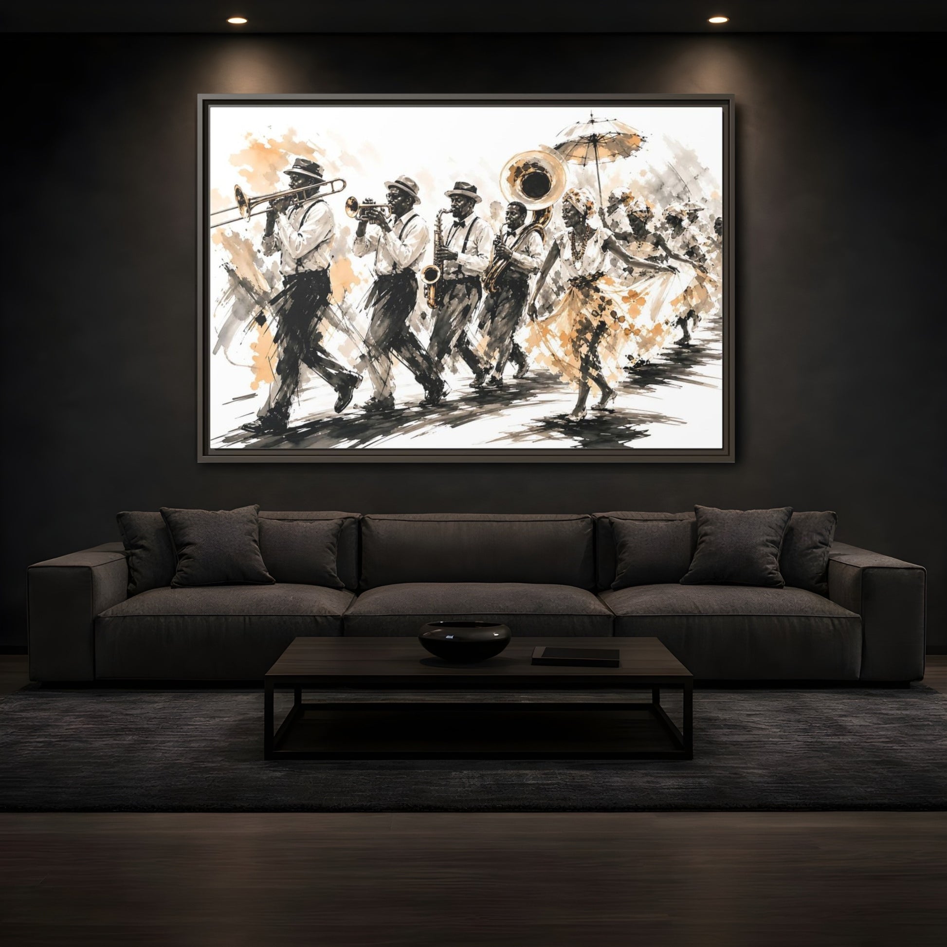 Mockup 3. Vintage Street Parade Brown And Black shown as framed canvas print