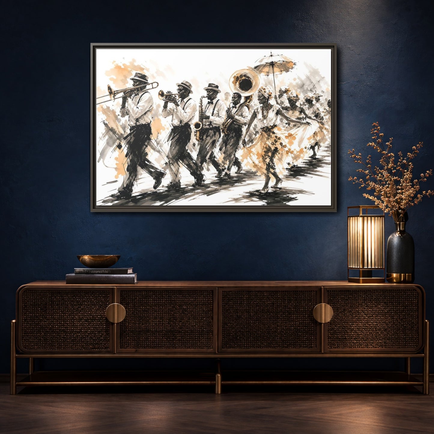 Mockup 4. Vintage Street Parade Brown And Black shown as framed canvas print
