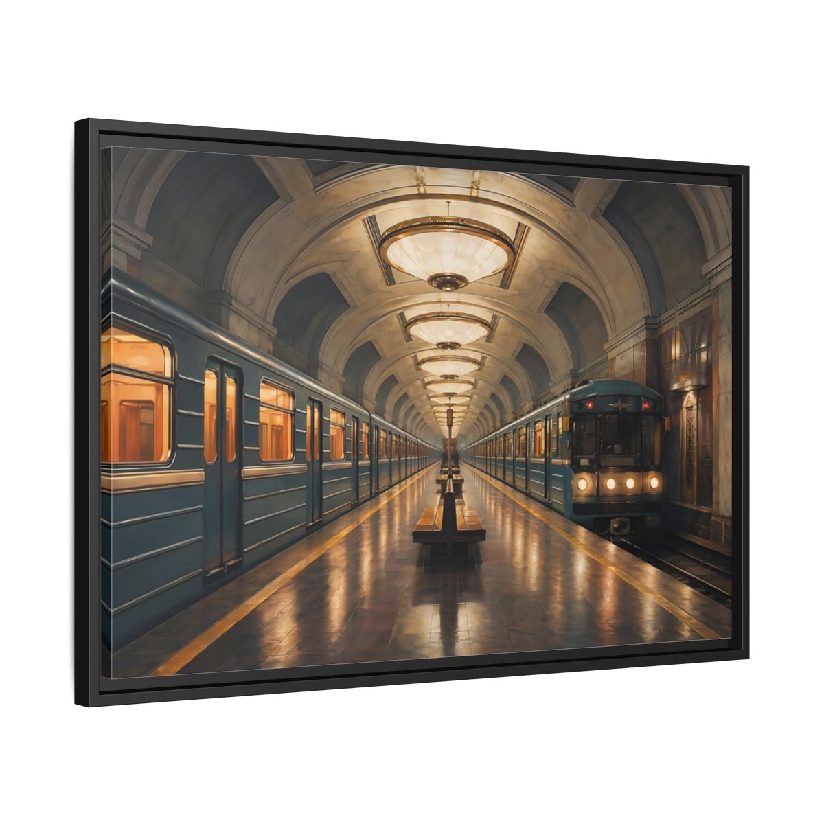 Side Mockup 14. Vintage Subway Station Vintage Subway Scene shown as stretched canvas wall art