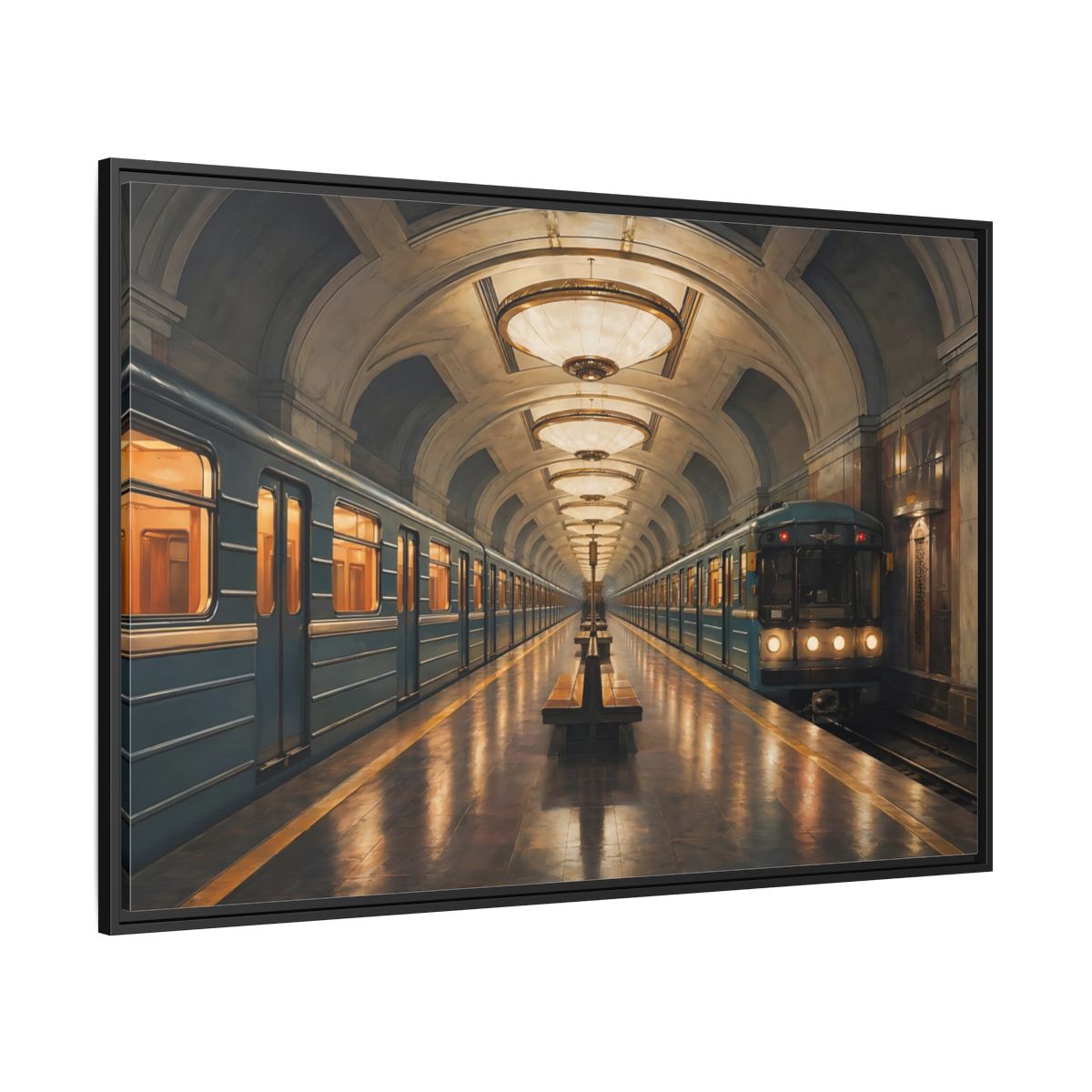 Side Mockup 12. Vintage Subway Station Vintage Subway Scene shown as stretched canvas wall art