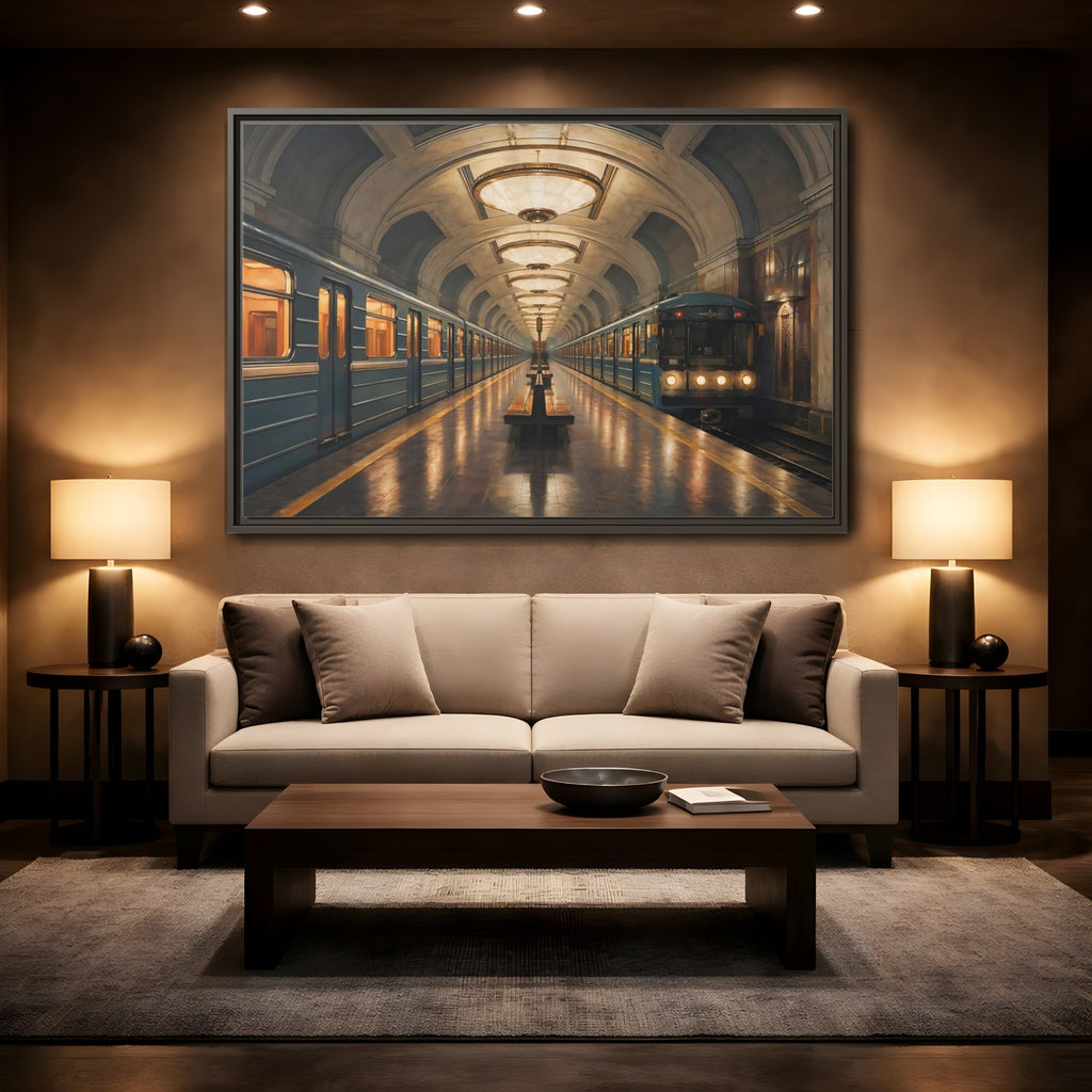 Mockup 2. Vintage Subway Station Vintage Subway Scene shown as stretched canvas wall art