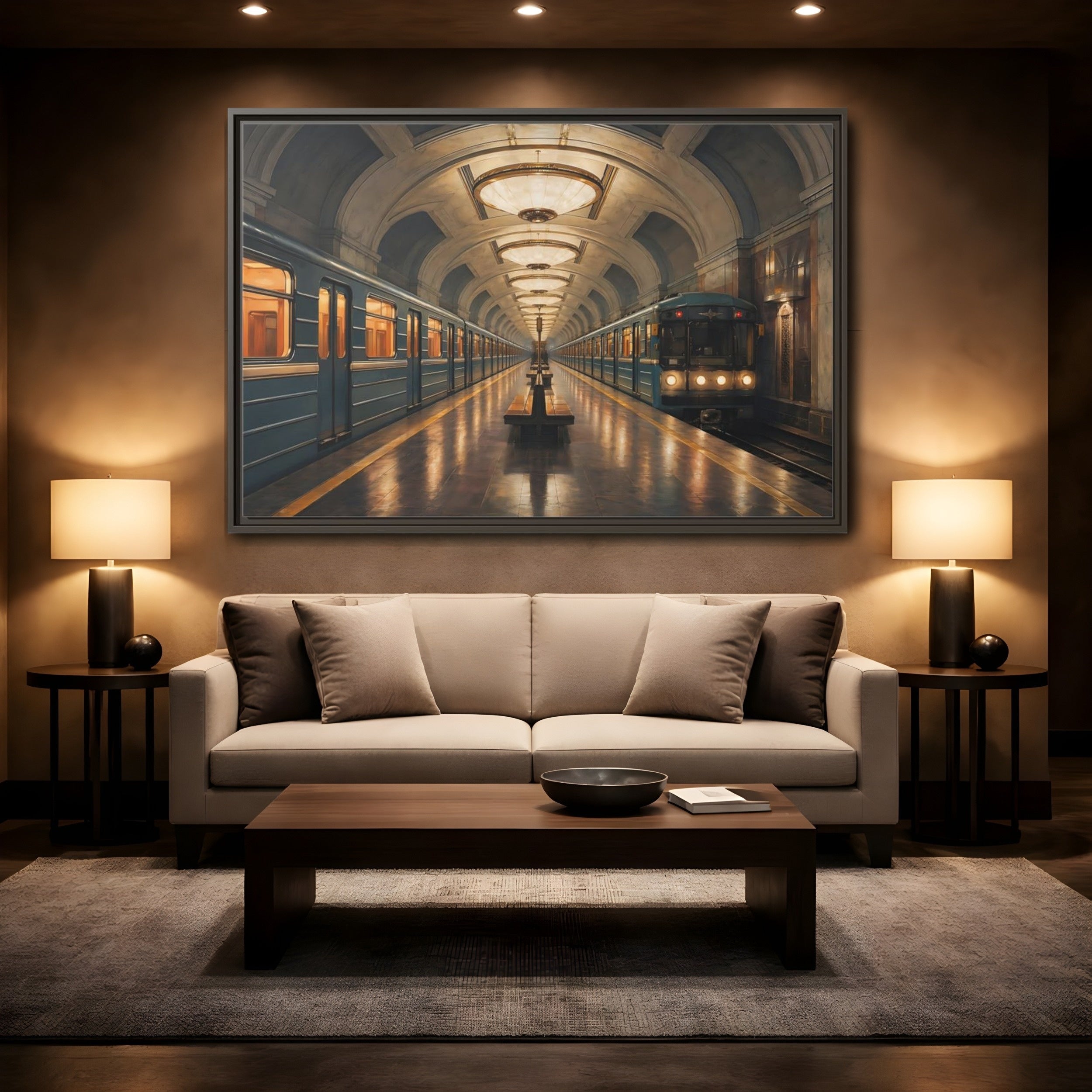 Mockup 2. Vintage Subway Station Vintage Subway Scene shown as stretched canvas wall art