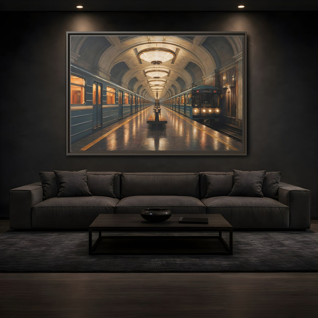 Mockup 3. Vintage Subway Station Vintage Subway Scene shown as stretched canvas wall art