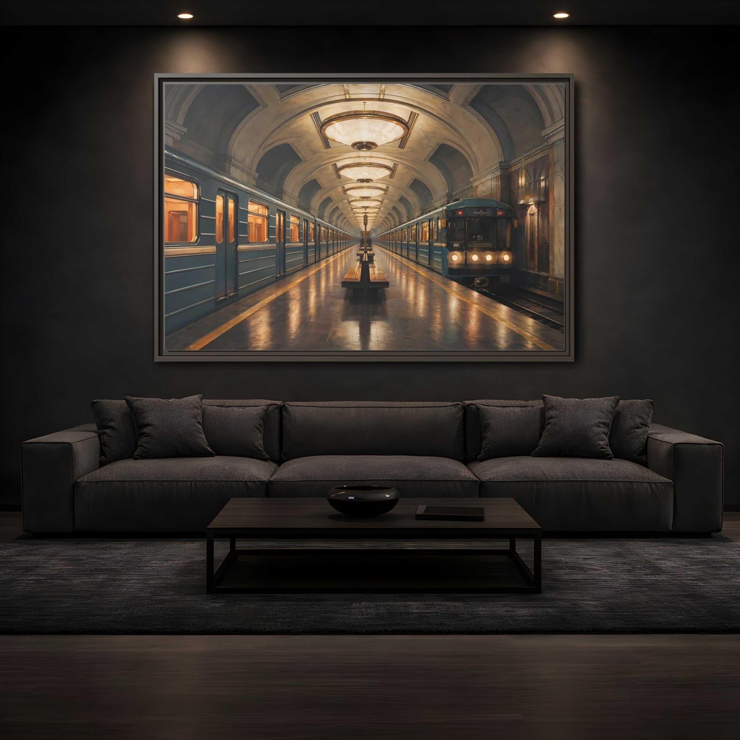 Mockup 3. Vintage Subway Station Vintage Subway Scene shown as stretched canvas wall art