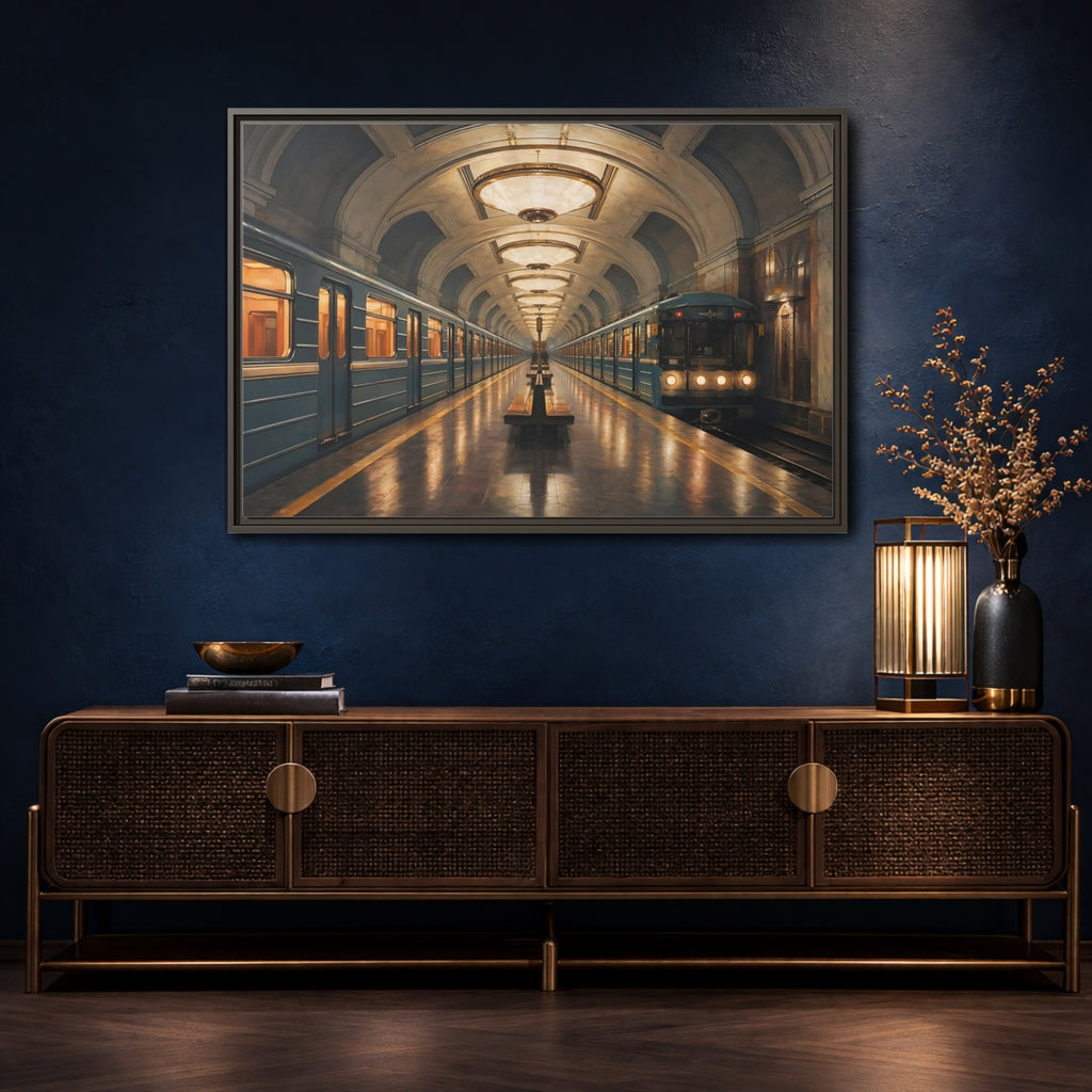 Mockup 4. Vintage Subway Station Vintage Subway Scene shown as stretched canvas wall art