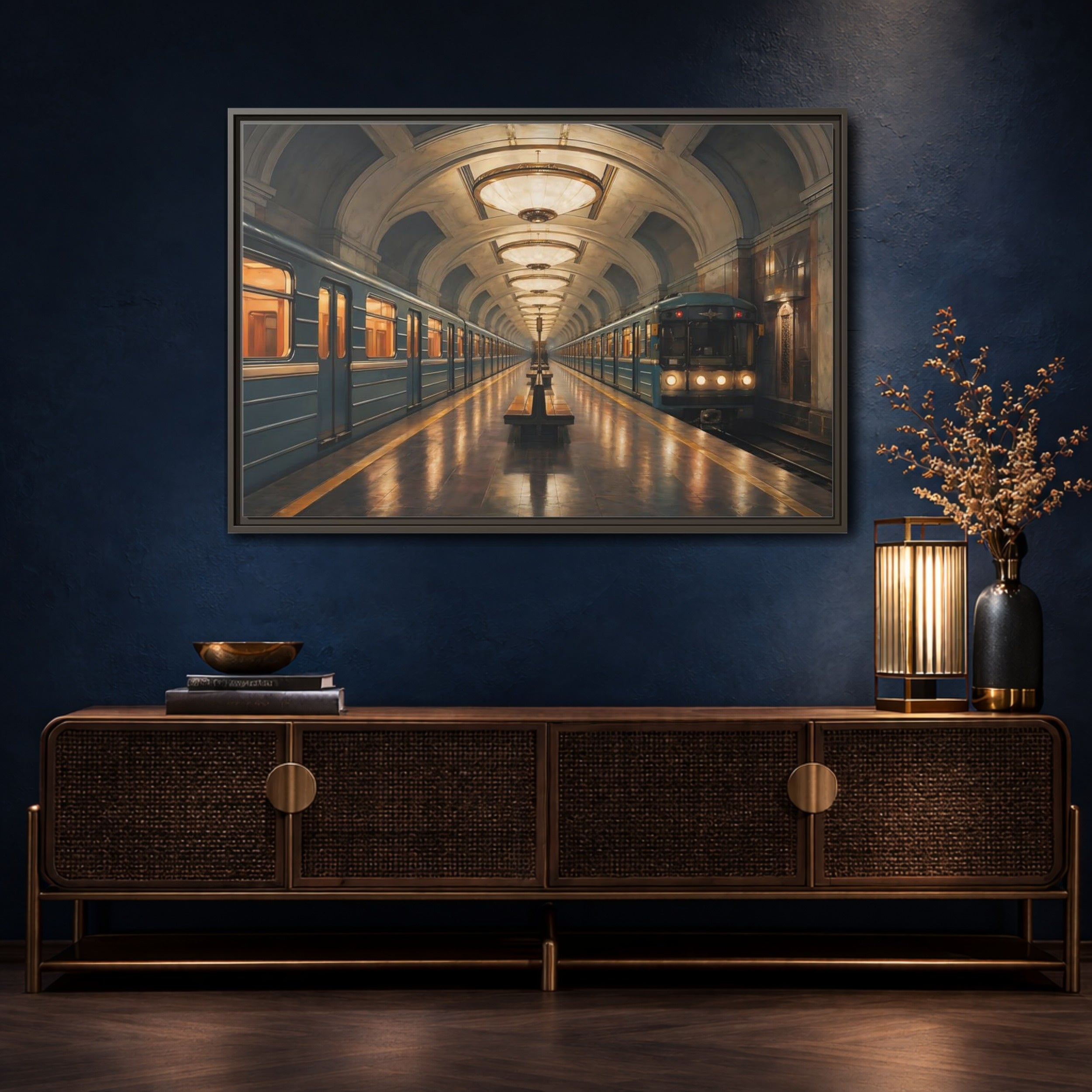 Mockup 4. Vintage Subway Station Vintage Subway Scene shown as stretched canvas wall art