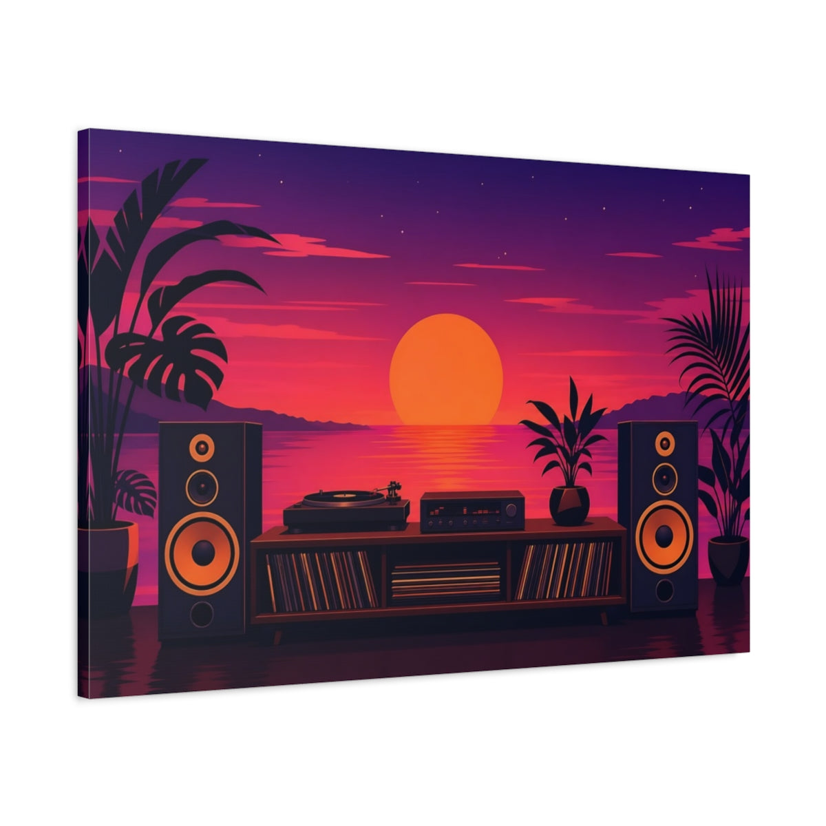 Main Mockup. Vintage Sunset Purple Orange Sunset shown as canvas print