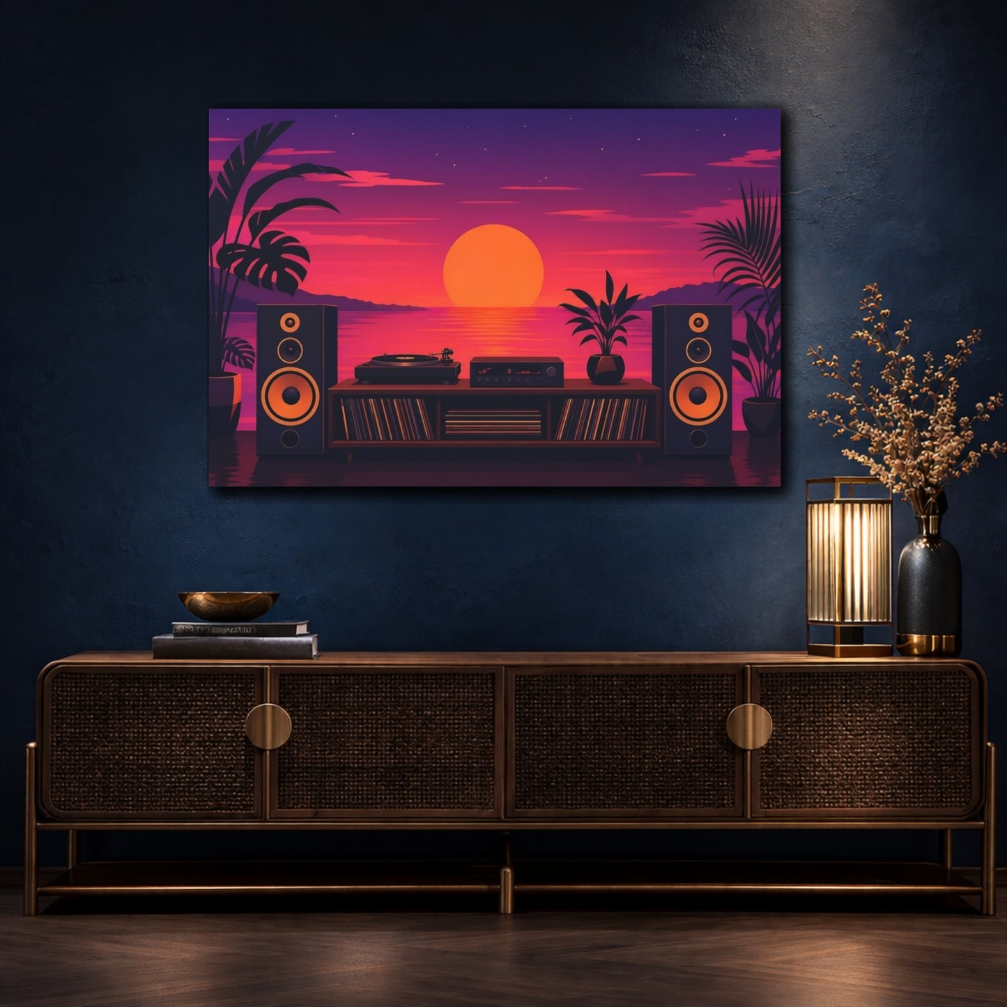 Mockup 4. Vintage Sunset Purple Orange Sunset shown as canvas print