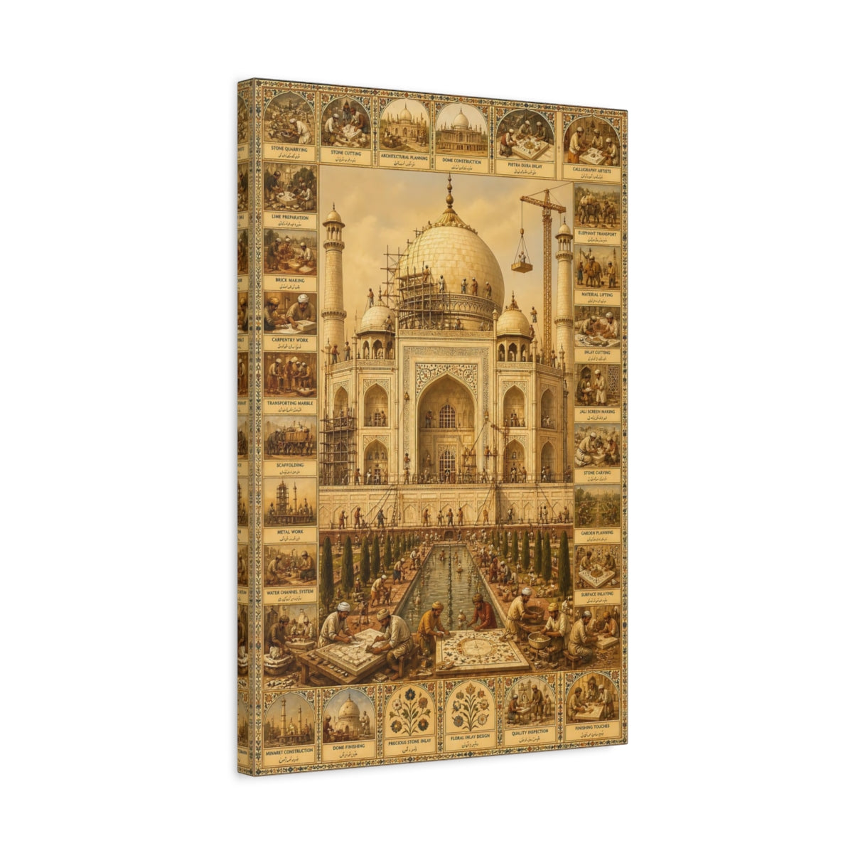 Side Mockup 3. Vintage Taj Mahal Brown And Gold shown as stretched canvas wall art