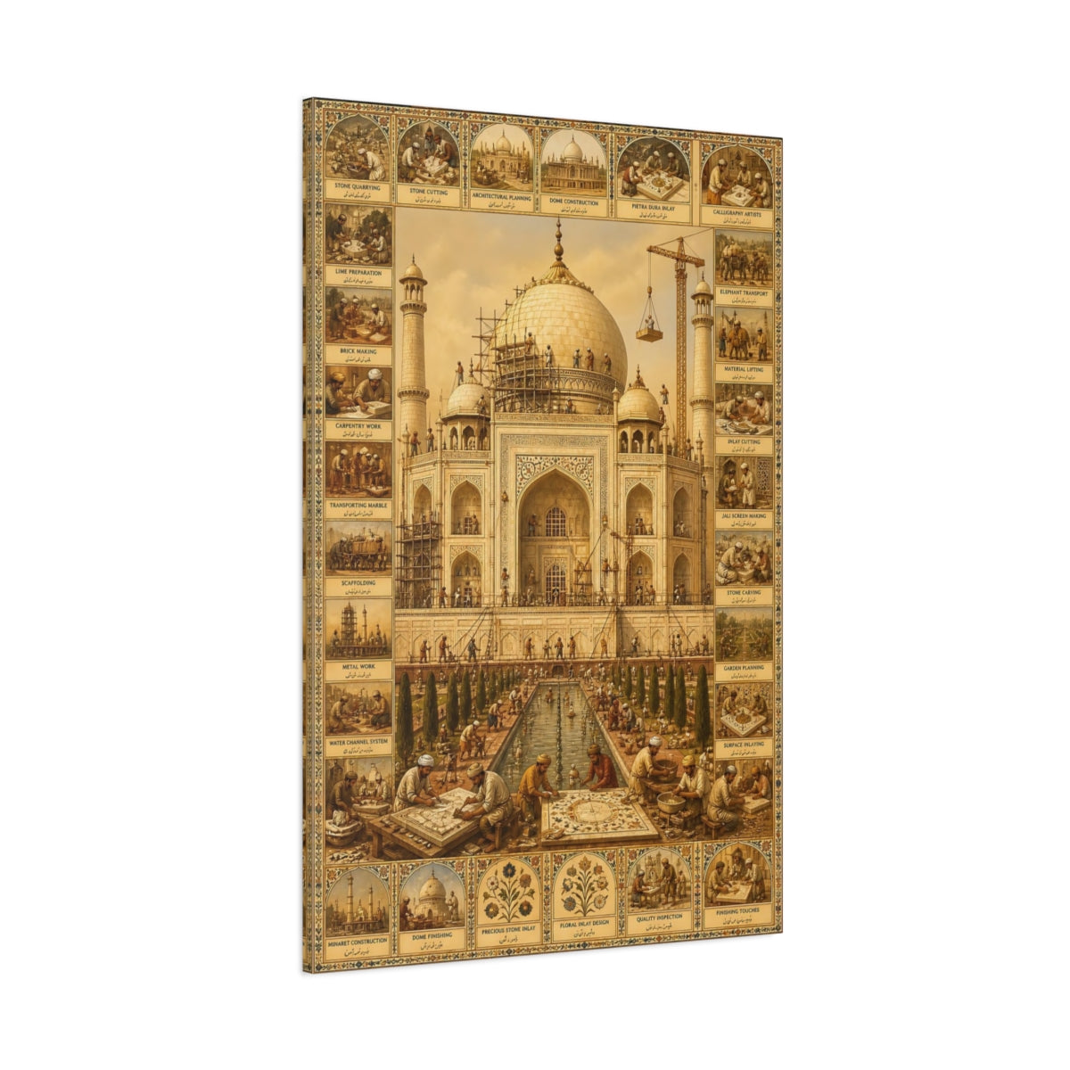 Side Mockup 1. Vintage Taj Mahal Brown And Gold shown as stretched canvas wall art