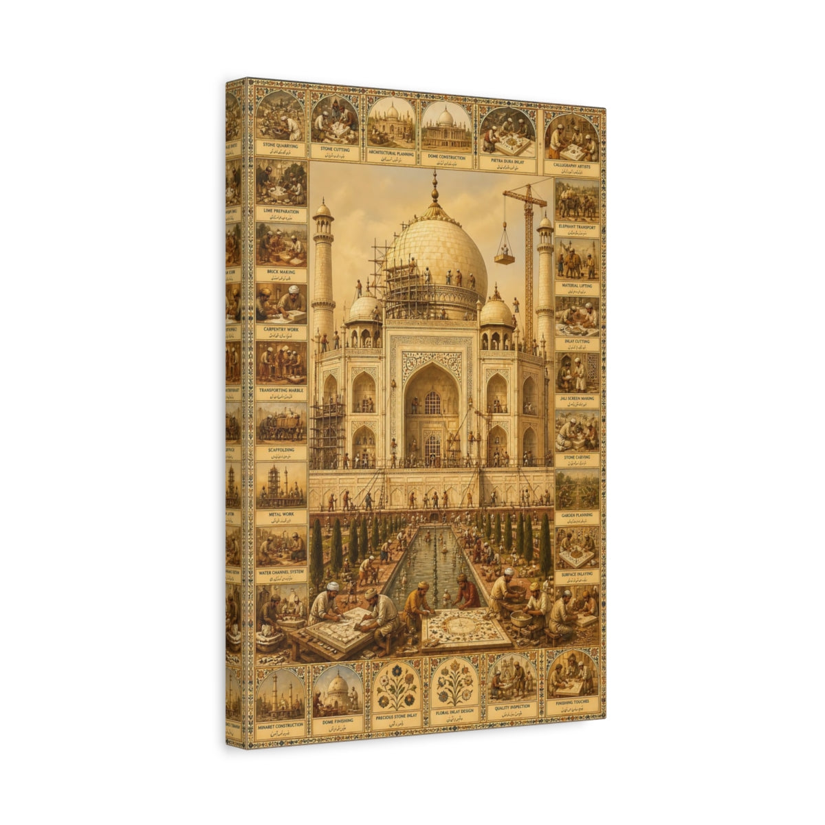 Side Mockup 4. Vintage Taj Mahal Brown And Gold shown as stretched canvas wall art