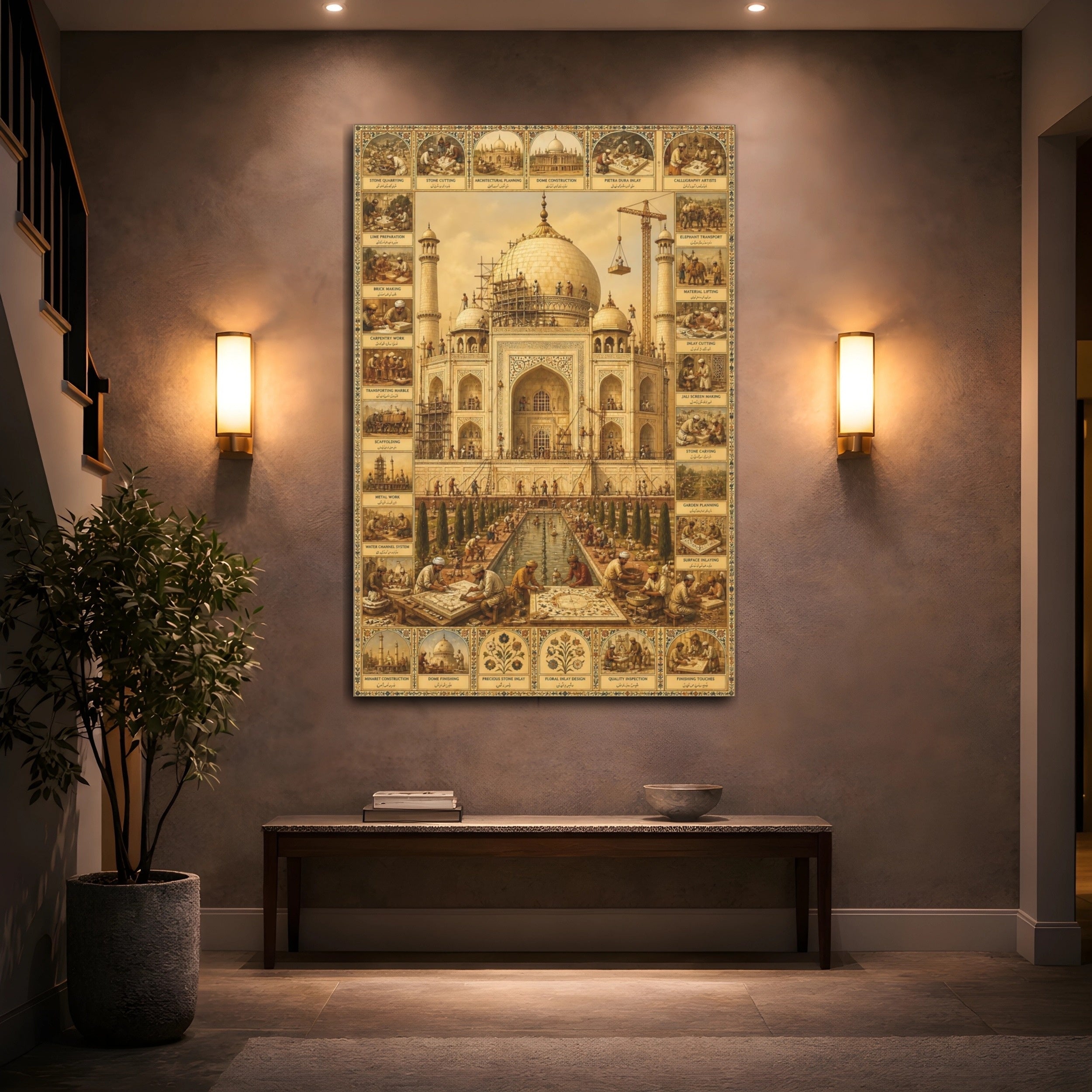 Mockup 2. Vintage Taj Mahal Brown And Gold shown as stretched canvas wall art