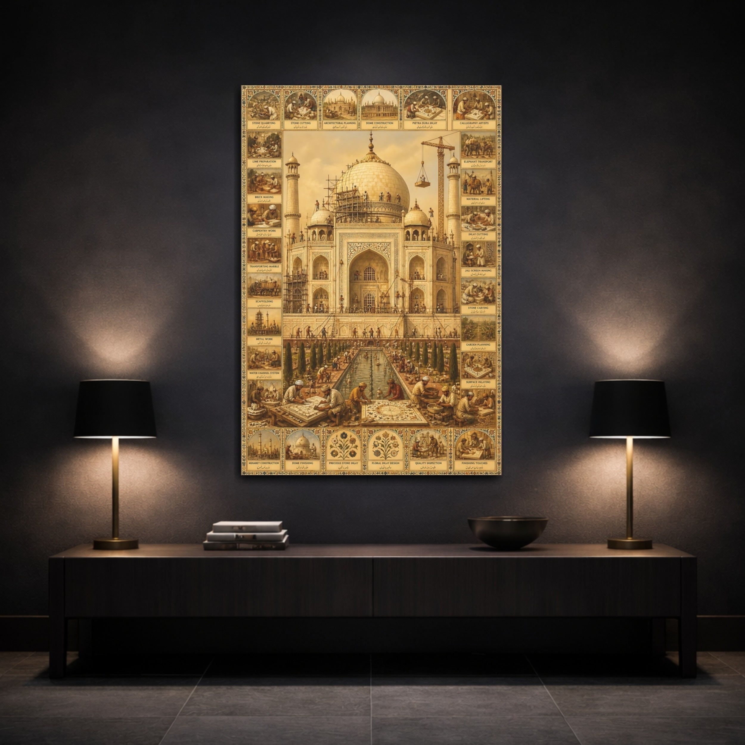 Mockup 3. Vintage Taj Mahal Brown And Gold shown as stretched canvas wall art