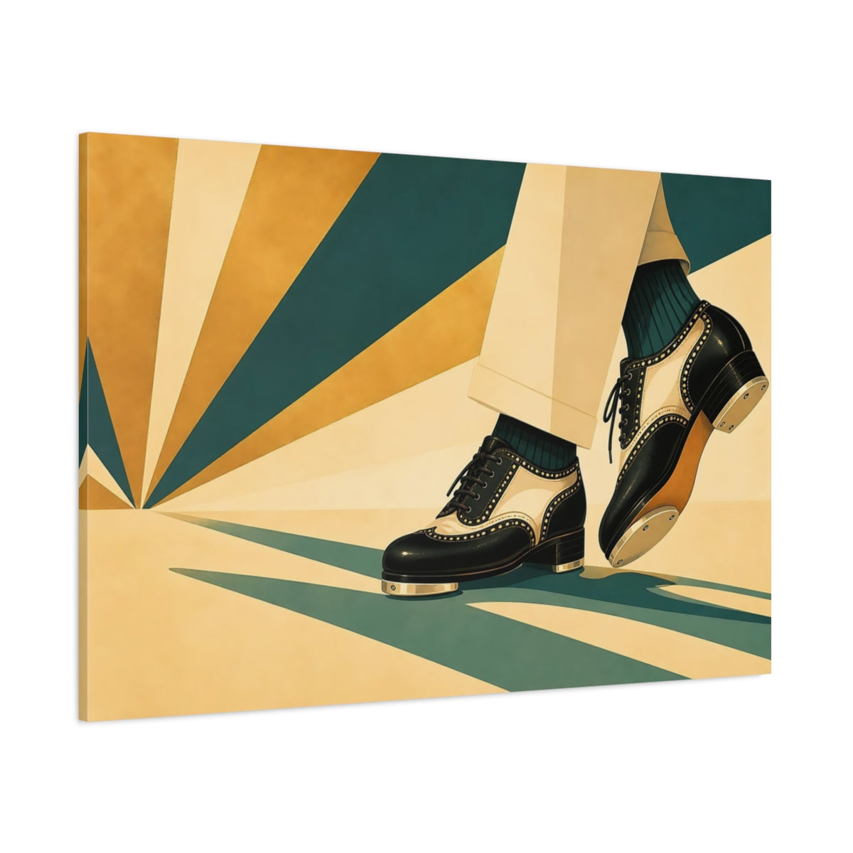 Side Mockup 1. Vintage Tap Shoes Teal And Gold Tap Shoes shown as canvas print