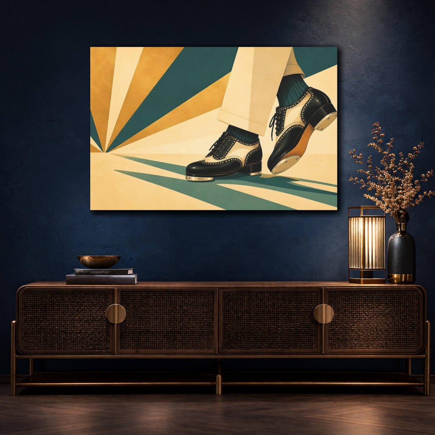 Mockup 4. Vintage Tap Shoes Teal And Gold Tap Shoes shown as canvas print